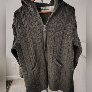 Aran Crafts Full Zip Sweater Merino Wool Cardigan Cable Knit Large Hood